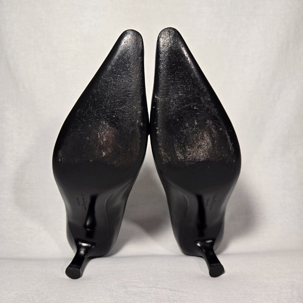 Vintage SALVATORE FERRAGAMO-GESSICA Black Leather Pointed Kitten Pump Sz 7.5 2A - Picture 14 of 16